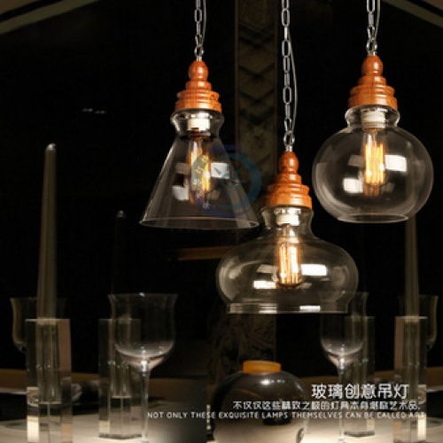 简约现代创意实木单头三款玻璃透明吊灯餐厅咖啡厅酒吧台吊灯