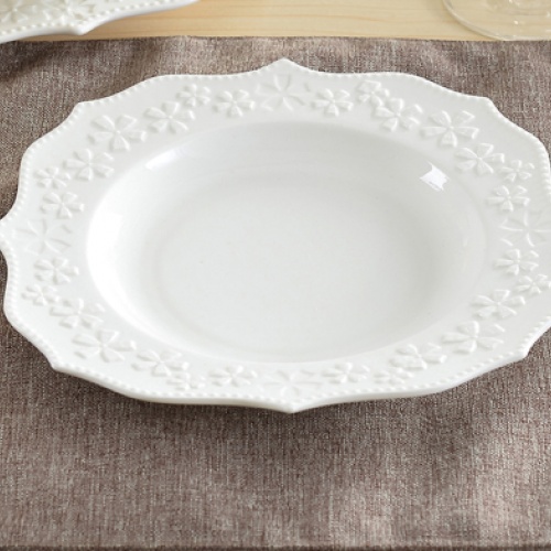樱花系法式浮雕平盘 纯白蕾丝牛排盘田园陶瓷餐盘