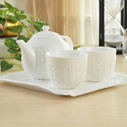 高档骨瓷4件套茶壶 毛线浮雕精致高雅陶瓷茶壶咖啡壶