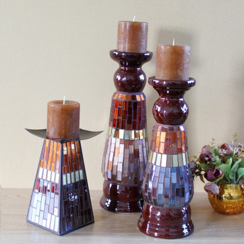 陶瓷+玻璃马赛克玻璃烛台 3件套2色选