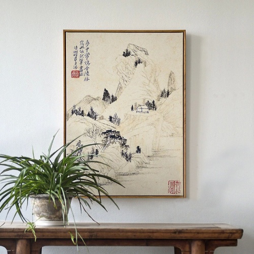 石涛山水客厅现代装饰画三联新中式壁画餐厅书房水墨挂画