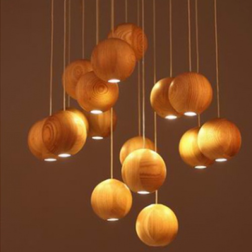 创意北欧实木圆球吊灯 客厅餐厅木艺灯具 个性艺术书房吧台灯饰