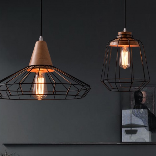 美式复古北欧铁艺吊灯 木艺灯吧台咖啡餐厅卧室创意个性网状吊灯