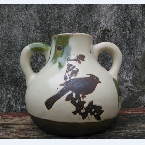 小鸟印花陶瓷花瓶双耳欧式田园创意做旧铁锈花插花器台面艺术品