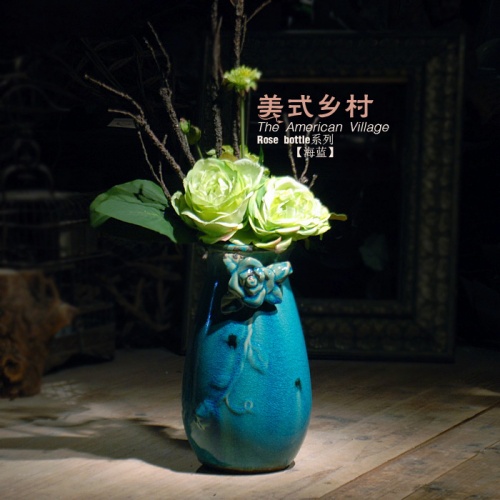 巴克美华美式乡村复古陶瓷做旧裂纹花瓶海蓝釉瓷器花插地中海摆件
